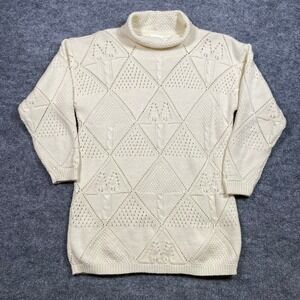 La Redoute Vintage Cream Wool Blend Pointelle Diamond Knit Roll Neck Sweater Med